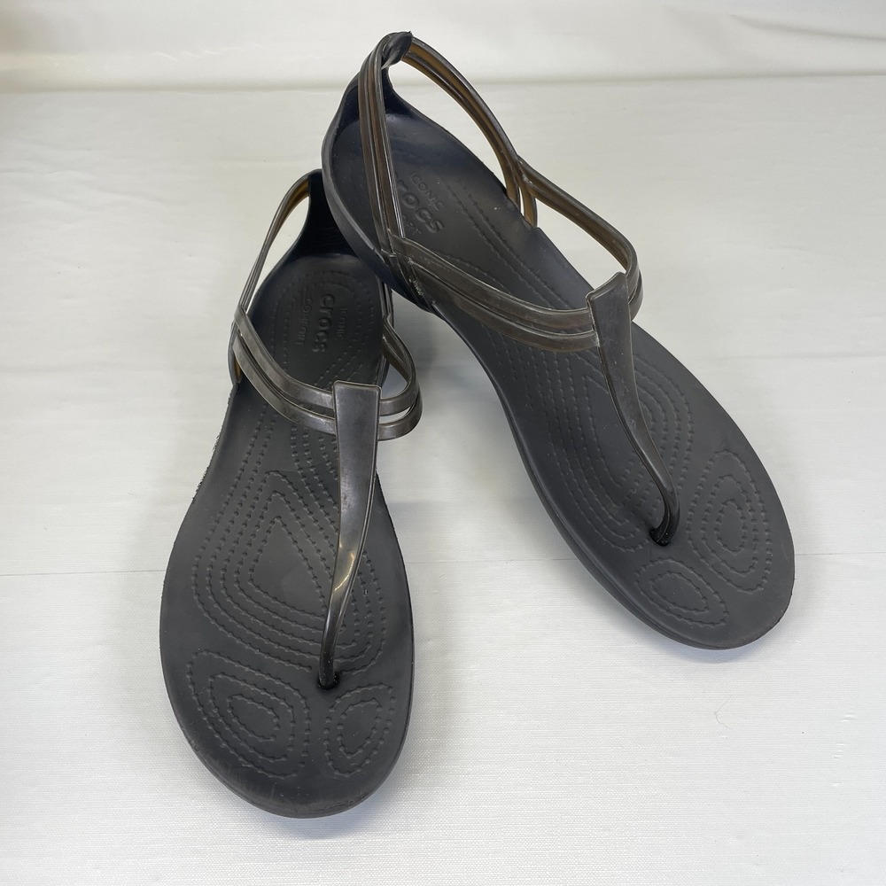 Crocs Isabella T-Strap Jelly Sandals Womens Size 7 Black Thong Slip On Shoes - Picture 2 of 9